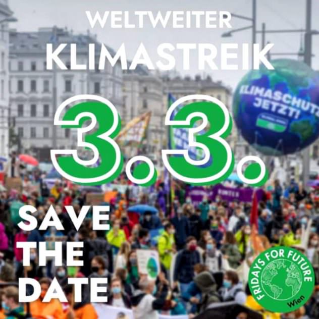 Poster mit streikenden Menschen und Text: Klimastreik 3.3.2023